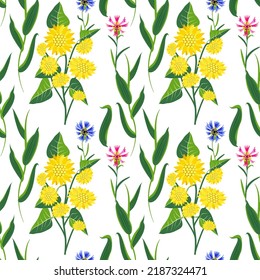 Vector - summer meadow seamless pattern with leaves, sunflowers and cornflowers.