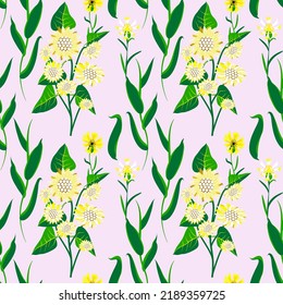 Vector - summer meadow seamless pattern with leaves, sunflowers and cornflowers.