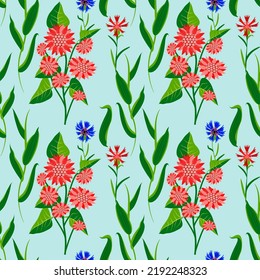 Vector - summer meadow seamless pattern with leaves, sunflowers and cornflowers.