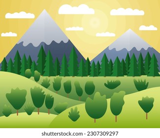 Vectorsommer Berglandschaft im flachen Stil. Flachhügel und Bergwälder, Vektorgrafik