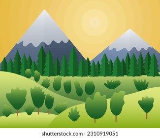 Vectorsommer Berglandschaft im flachen Stil. Flachhügel und Bergwälder, Vektorgrafik