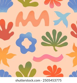 Vector summer nature artistic seamless pattern with hand drawn palm,sun,coral,seashell,wave.Trendy design for banners,smm,branding,packaging, covers,prints.Summer surf club aesthetic