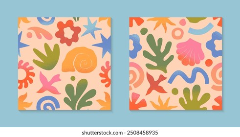 Vector verano naturaleza patrones artísticos sin fisuras con mano dibujado palma, sol, coral, concha, wave.Trendy diseños para Anuncios, smm, marca, embalaje, cubiertas, impresiones.Summer surf club 