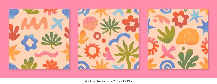 Vector verano naturaleza patrones artísticos sin fisuras con mano dibujado palma, sol, coral, concha, wave.Trendy diseños para Anuncios, smm, marca, embalaje, cubiertas, estética de vacaciones de verano