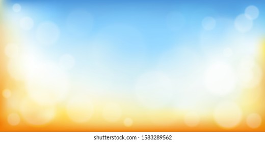 Vector summer nature background with blue sky and orange colour, Bright colour background with abstract blurry bokeh light effect for spring summer banner or template.