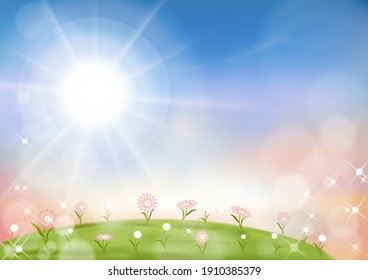 Vector summer nature background with blue sky and green grass fields,Spring background with abstract blurry bokeh sun light effect. Template banner for Easter or Spring sale concept