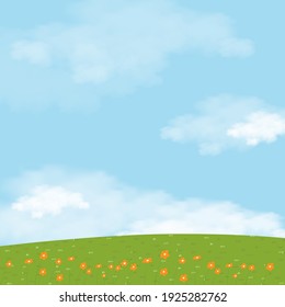 Vector Summer Nature Background With Blue Sky And Green Grass Fields,Cartoon Illustration Spring Background With White Fluffy Clouds, Template Banner For Easter Or Spring Sale Concept