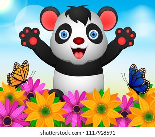 Vector summer nature background with cute panda illustration