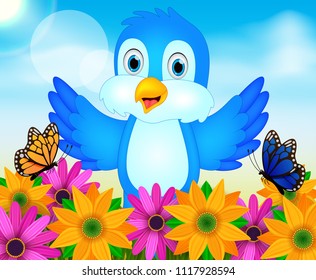 Vector summer nature background with cute bird illustration