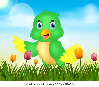 Vector summer nature background with cute bird illustration