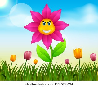 Vector summer nature background with cute flower cartoon illustration