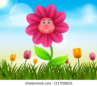 Vector summer nature background with cute flower cartoon illustration