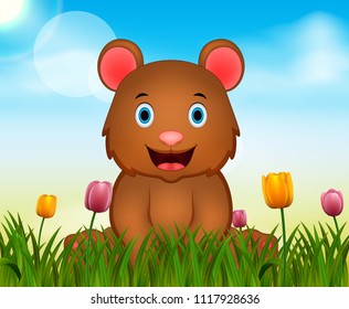 Vector summer nature background with cute bear illustration