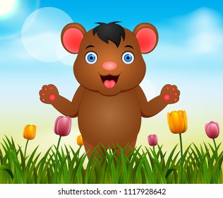 Vector summer nature background with cute bear illustration
