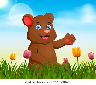 Vector summer nature background with cute bear illustration