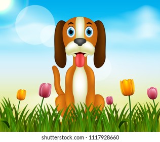 Vector summer nature background with cute dog illustration