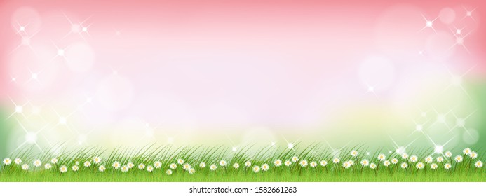 Vector summer nature background with cute tiny daisy flowers and green grass fields. Spring background with abstract blurry bokeh light effect. Template banner for Easter or Spring background.