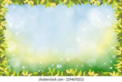 Vektorsommerlicher Naturhintergrund mit grünem Laub, Frühjahrsrahmen-Äste mit abstraktem, unscharfem Bokeh-Lichteffekt. Template-Banner auf Osterhintergrund oder Frühlingshintergrund
