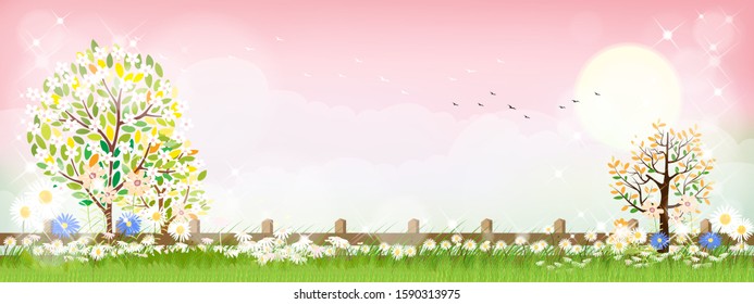 Vector summer nature with cute tiny daisy flowers and green grass fields on pink background. Spring background with abstract blurry bokeh light effect. Tamplate banner for Easter or Spring background