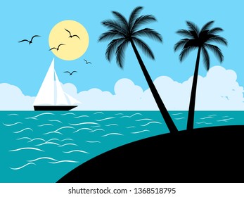 vector summer nature landscape with boat and coconut island