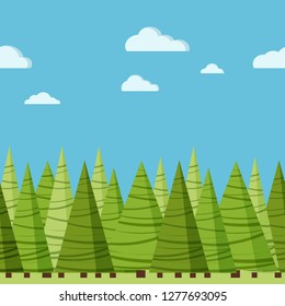 Vector summer nature seamless border for design template. Beautiful spring landscape background with green spruces, sky, clouds in cartoon flat style. Vector nature scene illustration.