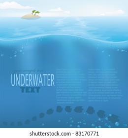 Vector summer nature series. Underwater sea ocean background with copyspace. Water surface with lonely island in the back with clouds and blue sky. Text easy removable