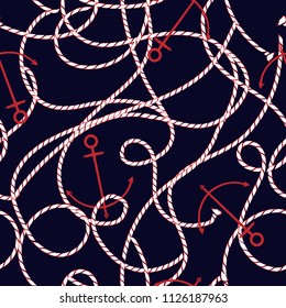 Vector Summer Nautical mood Seamless pattern with sea ropes and anchors on a navy blue background for fashion ,wallpaper ,fabric and all prints