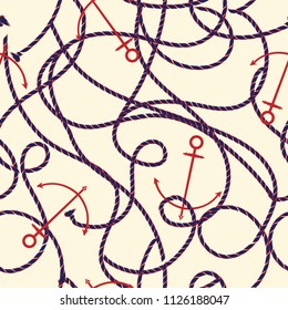 Vector Summer Nautical mood Seamless pattern with sea ropes and anchors on a light beige  background for fashion ,wallpaper ,fabric and all prints