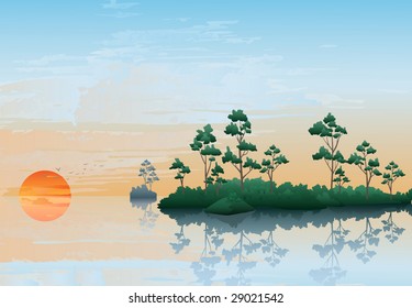 Vector summer northern landscape: the big river, islands and forest. Evening, the orange sun, a sunset.