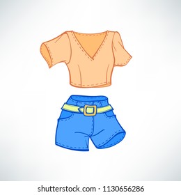 Vector summer outfit complect: top and jeans shorts on a white background