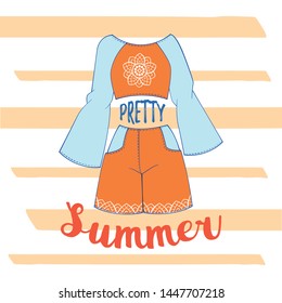 Vector summer outfit complect: top and jeans shorts with ethnic style decoration
