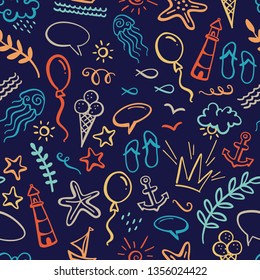Vector summer outline boundless background. Seamless pattern of ocean animals and plants, fish, anchor, boat, ship, jellyfish, shell, starfish, ice-cream, balloon, bubble speech, flip flops, flourish.