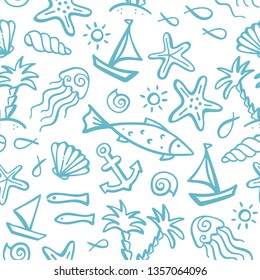 Vector summer outline boundless background. Seamless pattern of ocean animals and plants, fish, anchor, boat, ship, jellyfish, shell, starfish, palms on an island, sun.