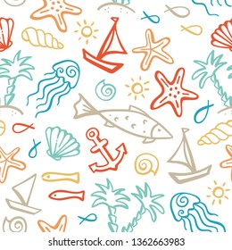 Vector summer outline boundless background. Seamless pattern of ocean animals and plants, fish, anchor, boat, ship, jellyfish, shell, starfish, palms on an island, sun.