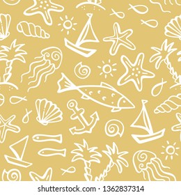 Vector summer outline boundless background. Seamless pattern of ocean animals and plants, fish, anchor, boat, ship, jellyfish, shell, starfish, palms on an island, sun.