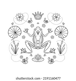 Vector summer outline illustration with frog in the lake, bees, reeds, crown, water lily. Symmetry folk art style drawing. Isolated on the background.