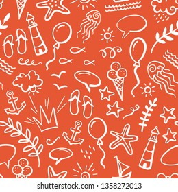 Vector summer outline seamless pattern. Boundless background of ocean animals and plants, fish, anchor, boat, ship, jellyfish, shell, starfish, ice-cream, balloon, bubble speech, flip flops, flourish.