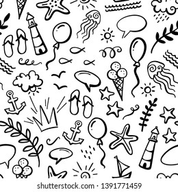 Vector summer outline seamless pattern. Boundless background of ocean animals and plants, fish, anchor, boat, ship, jellyfish, shell, starfish, ice-cream, balloon, bubble speech, leaves, flip flops.