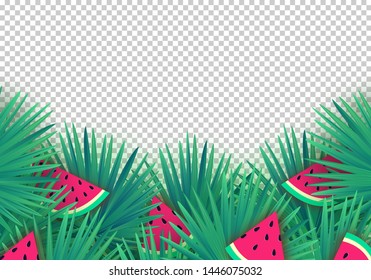 Vector Summer palm leaves with watermelon slices on transparent background. Trendy tropical frame