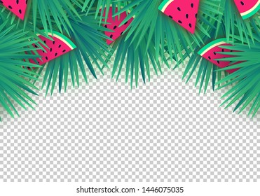 Vector Summer palm leaves with watermelon slices on transparent background. Trendy tropical frame