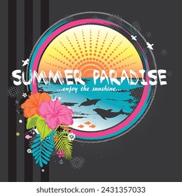 Vector summer paradise print. Artwork features a circular ocean view design with dolphins, hibiscus flowers and green leaves on a striped black and gray background. Apparel graphic artwork.