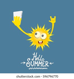 vector summer party background with funky sun character holding smartphone and taking a selfie. hello summer rock n roll vector poster. 