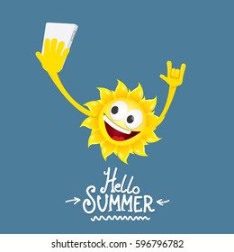 vector summer party background with funky sun character holding smartphone and taking a selfie. hello summer rock n roll vector poster. 