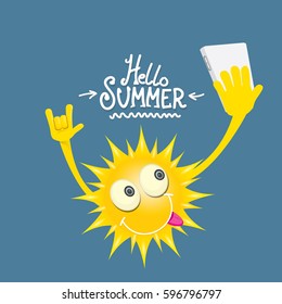 vector summer party background with funky sun character holding smartphone and taking a selfie. hello summer rock n roll vector poster. 