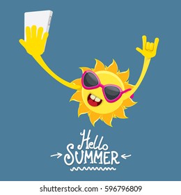 vector summer party background with funky sun character holding smartphone and taking a selfie. hello summer rock n roll vector poster. 