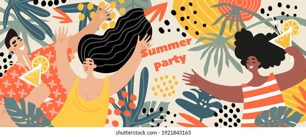 Vector summer party banner with cheerful young people drinking cocktails and dancing on the background of tropical plants. Cartoon characters in flat style