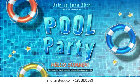 Plantilla de banner de fiesta de verano para vectores. Fiesta de la piscina con anillos inflables en el agua.