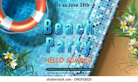 Vector summer party banner template. Pool party with inflatable rings in the water.
