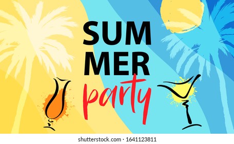 Vector Summer Party banner with tropic palm and cocktails on sea background. Season poster or flyer, invitation, leaflet, placard. Summer Party template.