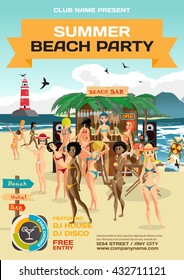 Vector summer party invitation beach style. Day beach, bar with sound system, crowd women in bikinis. Posters, invitations or flyers. Vector template beach summer party poster.